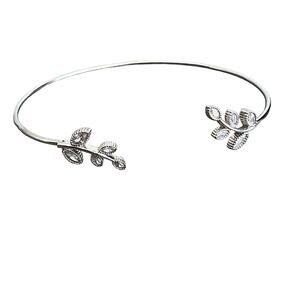 Thin elegant silver tone rhinestone studded leaf design cuff bracelet